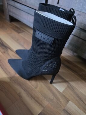 GUESS Black Knit Sock Booties with Crystal Heel Accent